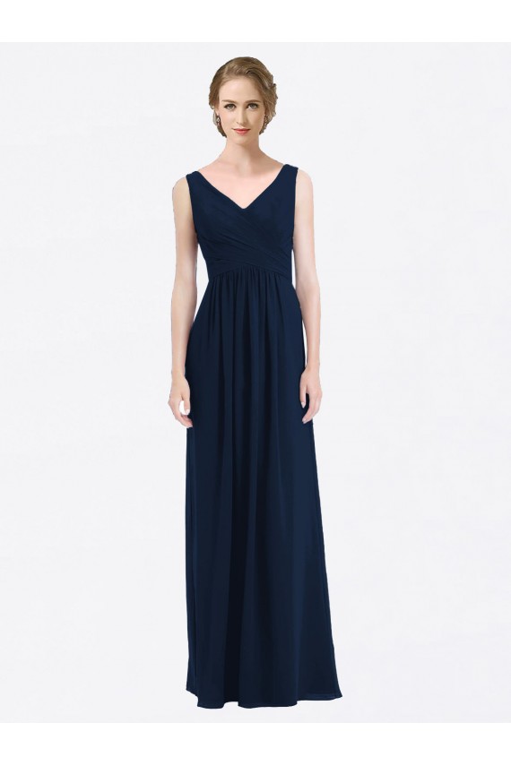 Online Long Chiffon V-Neck Sleeveless Bridesmaid Dress with Criss-Cross Pleated Bodice UK