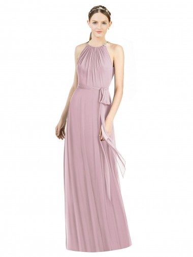 Online Shirred Halter Neck Long Chiffon Bridesmaid Dress UK