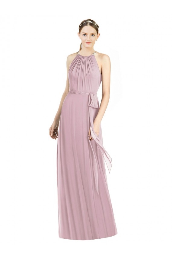 Online Shirred Halter Neck Long Chiffon Bridesmaid Dress UK