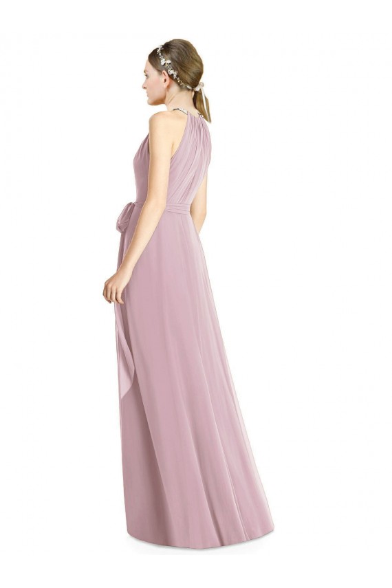 Online Shirred Halter Neck Long Chiffon Bridesmaid Dress UK