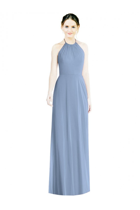 Online Halter Neck Tie Back Long Chiffon Bridesmaid Dress UK