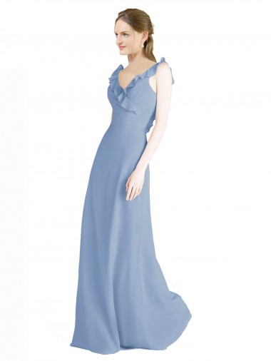 Online Fluted Chiffon Wrap Bridesmaid Dress with Ruffles V-Neck UK