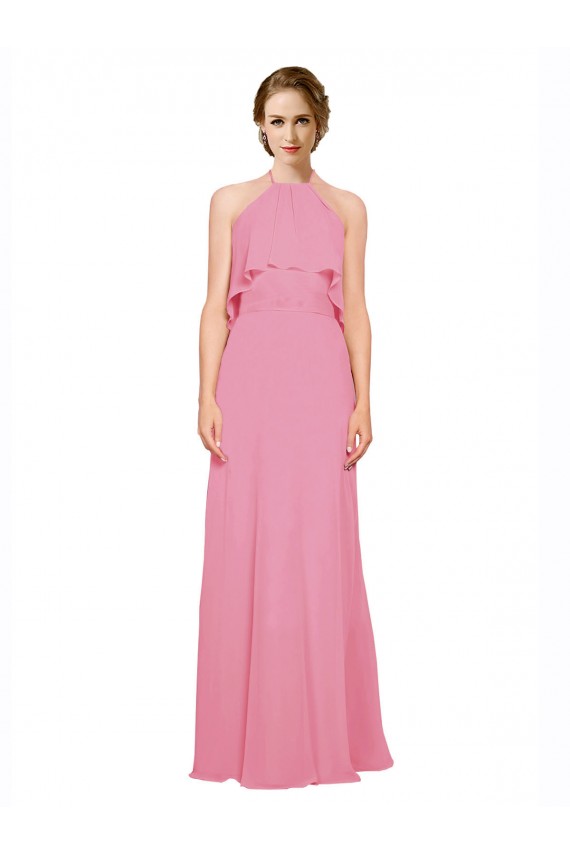 Online Ruffle Halter Neck A-Line Chiffon Bridesmaid Dress with Open Back UK