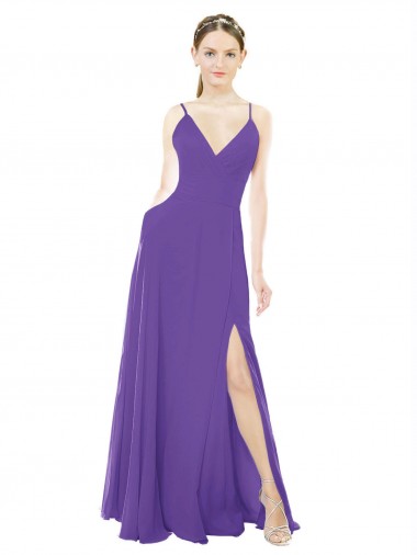 Online Long Chiffon A-Line Bridesmaid Dress with Deep V-Neckline and Side Slit UK