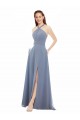 Online High Neck Chiffon Bridesmaid Dress with Draped Bodice & Pockets UK