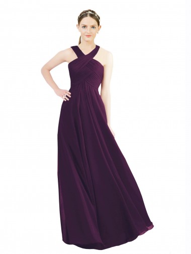 Online Draped Long Chiffon Bridesmaid Dress with Unique Crossed Neckline UK