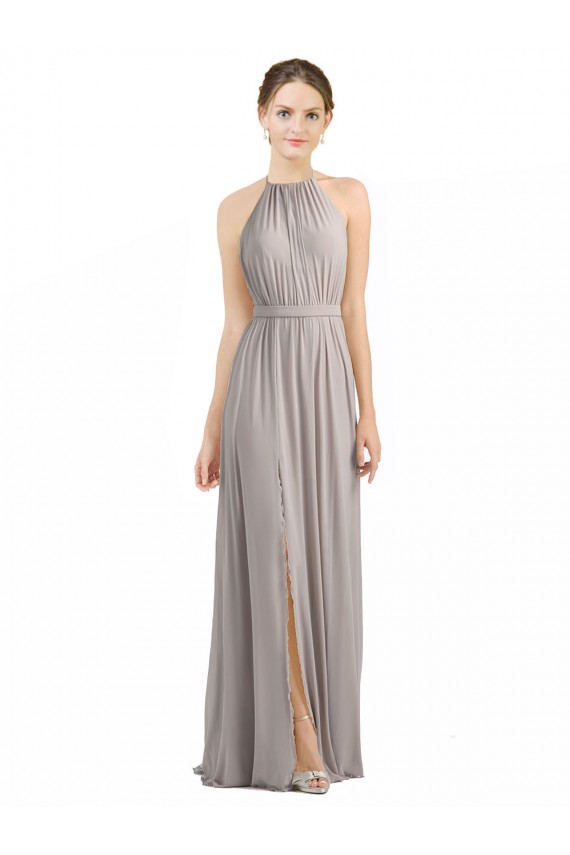 Online Backless Halter Chiffon Bridesmaid Dress with Front Slit and Tie Open Back UK