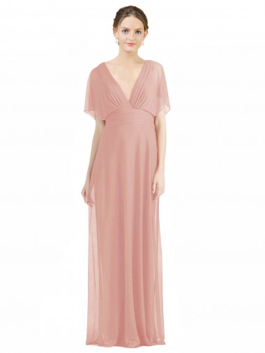 Online Draped Short Sleeves Long Chiffon A-Line Bridesmaid Dress UK