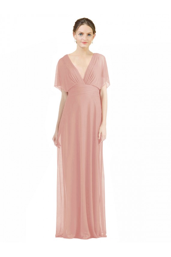 Online Draped Short Sleeves Long Chiffon A-Line Bridesmaid Dress UK