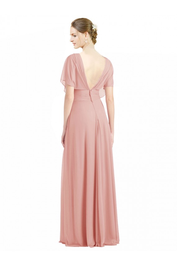 Online Draped Short Sleeves Long Chiffon A-Line Bridesmaid Dress UK