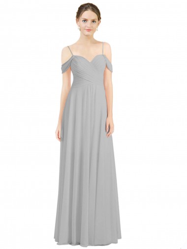 Online Off the Shoulder Long Chiffon Bridesmaid Dress with Ruched Bodice UK