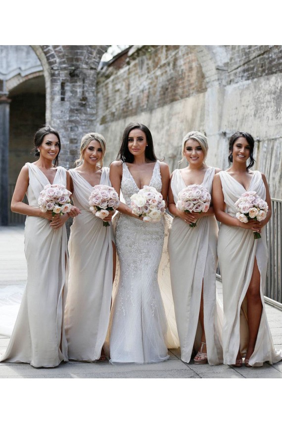Online Chiffon Long Champagne Bridesmaid Dresses with Sexy High Slit and Front Ruffles UK