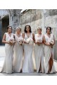 Online Chiffon Long Champagne Bridesmaid Dresses with Sexy High Slit and Front Ruffles UK