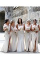 Online Chiffon Long Champagne Bridesmaid Dresses with Sexy High Slit and Front Ruffles UK