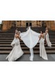 Online Chiffon Long Champagne Bridesmaid Dresses with Sexy High Slit and Front Ruffles UK