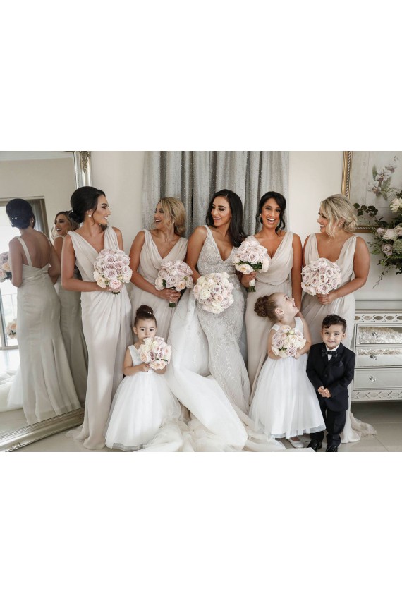 Online Chiffon Long Champagne Bridesmaid Dresses with Sexy High Slit and Front Ruffles UK