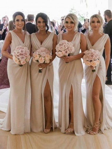 Online Chiffon Long Champagne Bridesmaid Dresses with Sexy High Slit and Front Ruffles UK