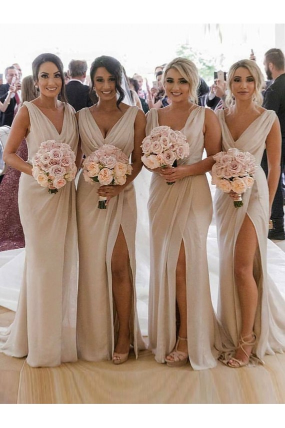 Online Chiffon Long Champagne Bridesmaid Dresses with Sexy High Slit and Front Ruffles UK