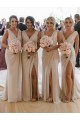 Online Chiffon Long Champagne Bridesmaid Dresses with Sexy High Slit and Front Ruffles UK