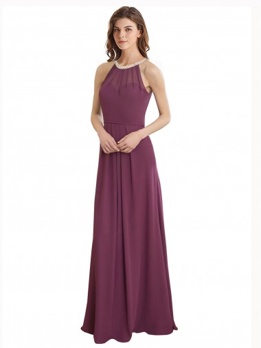 Online High Neckline Long Chiffon Bridesmaid Dress with Beaded Trim UK