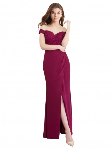 Online Off the Shoulder Chiffon Bridesmaid Dress with Lace Appliques and Front Slit UK