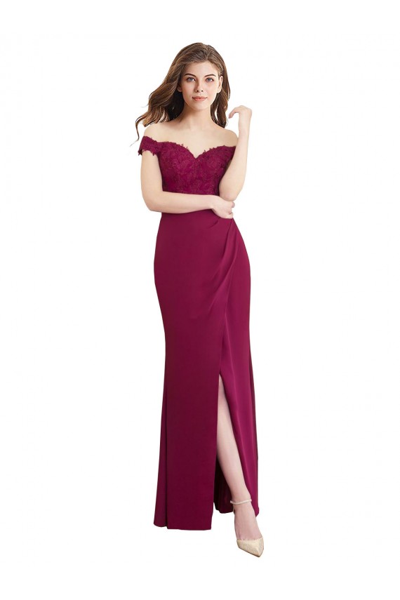 Online Off the Shoulder Chiffon Bridesmaid Dress with Lace Appliques and Front Slit UK