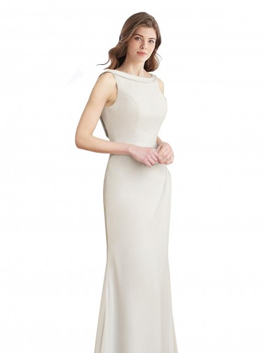Online Long Chiffon Bridesmaid Dress with Boat Neckline and Satin Collar UK