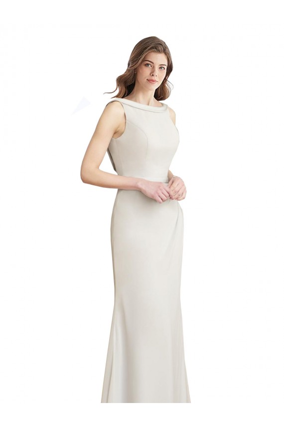 Online Long Chiffon Bridesmaid Dress with Boat Neckline and Satin Collar UK