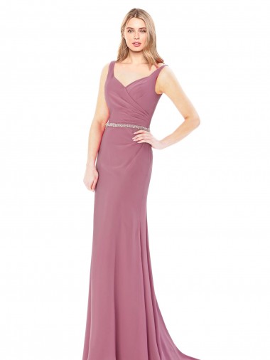 Online Long Slim Chiffon Bridesmaid Dress / Prom Dress with Beaded Waist UK