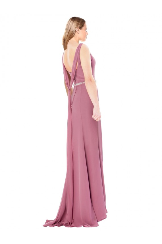 Online Long Slim Chiffon Bridesmaid Dress / Prom Dress with Beaded Waist UK