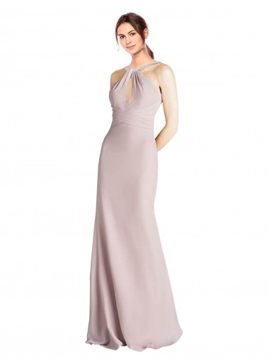Online Long Slim Chiffon Bridesmaid Dress with Ruffled Waist and Keyhole UK