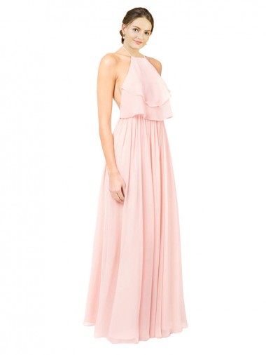 Online Halter Neck Chiffon Bridesmaid Dress with Double Ruffle Front UK