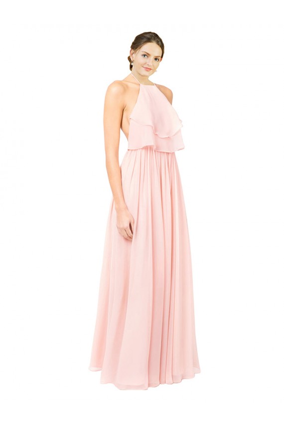 Online Halter Neck Chiffon Bridesmaid Dress with Double Ruffle Front UK