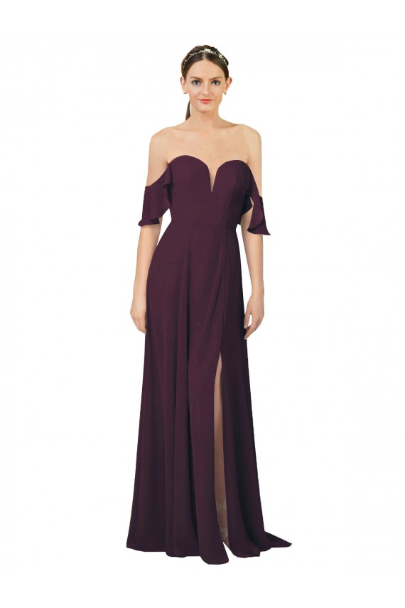 Online Romantic Off-Shoulder Chiffon Bridesmaid Dress with Plunging V-Neck UK