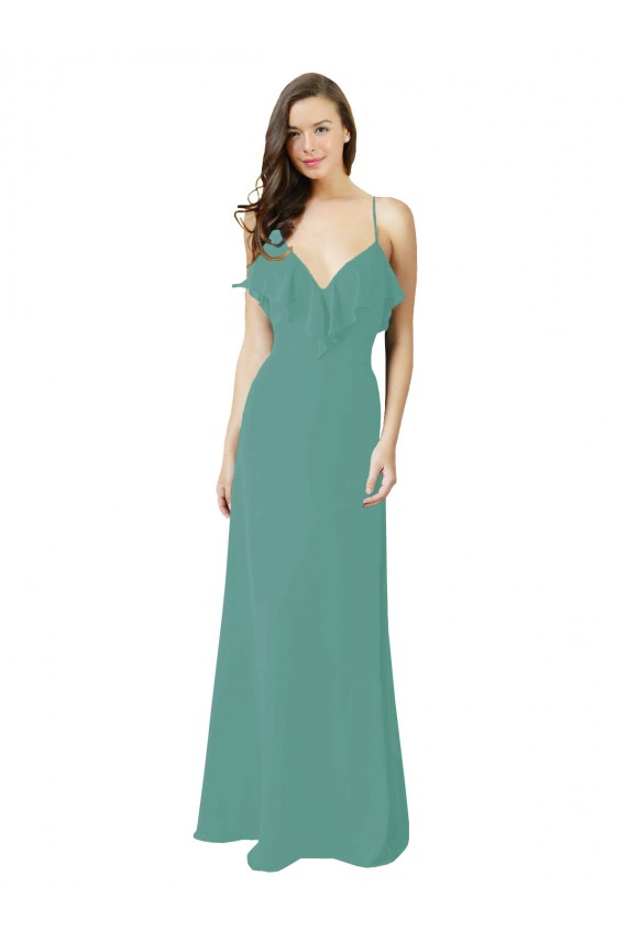 Online Full Length Chiffon Bridesmaid Dress with Ruffled V-Neckline UK