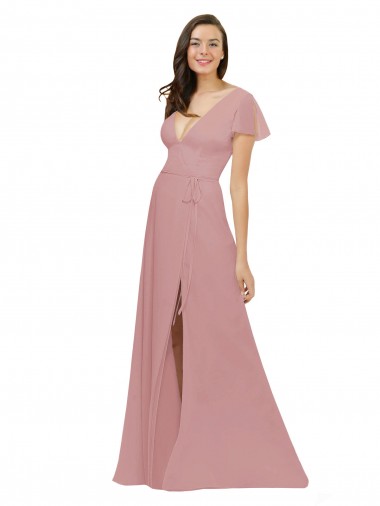 Online Flutter Sleeves Short Chiffon Bridesmaid Dress with Tie Belt UK