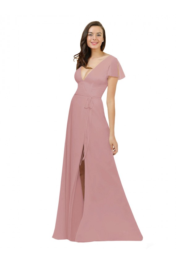 Online Flutter Sleeves Short Chiffon Bridesmaid Dress with Tie Belt UK