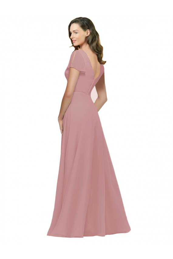 Online Flutter Sleeves Short Chiffon Bridesmaid Dress with Tie Belt UK