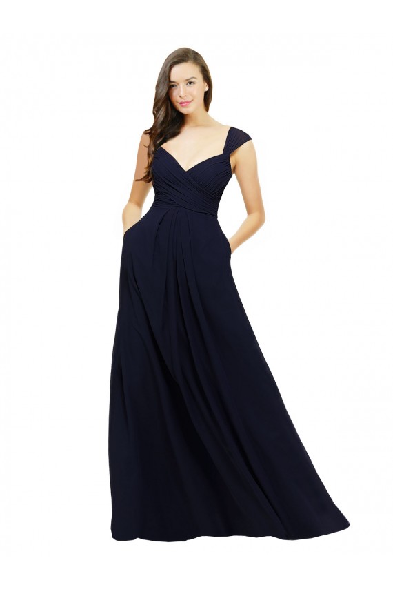 Online Chiffon Bridesmaid Dress with Rouched Draped Bodice and Watteau Back UK