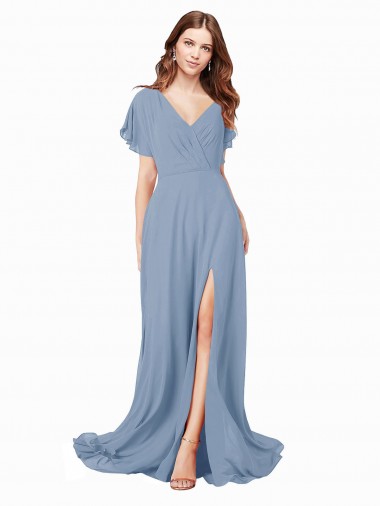 Online Chiffon Bridesmaid Dress / Prom Dress with Flutter Sleeves and Front Slit UK