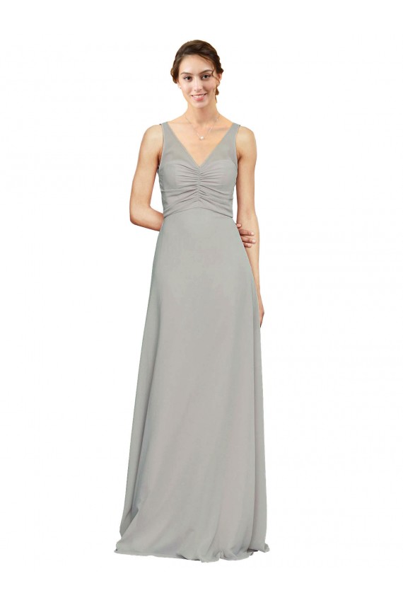 Online V-Neck Chiffon Bridesmaid Dress with Illusion Gathered Bodice UK