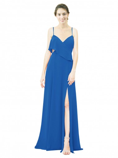 Online Spaghetti Strap Chiffon Bridesmaids Dress with Asymmetrical Ruffle and Front Slit UK