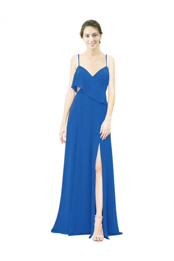 Online Spaghetti Strap Chiffon Bridesmaids Dress with Asymmetrical Ruffle and Front Slit UK
