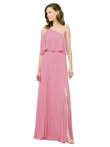 Online Sleeved One Shoulder Chiffon Bridesmaids Dress with Draped Ruffle Overlay UK