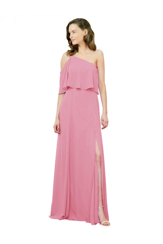 Online Sleeved One Shoulder Chiffon Bridesmaids Dress with Draped Ruffle Overlay UK