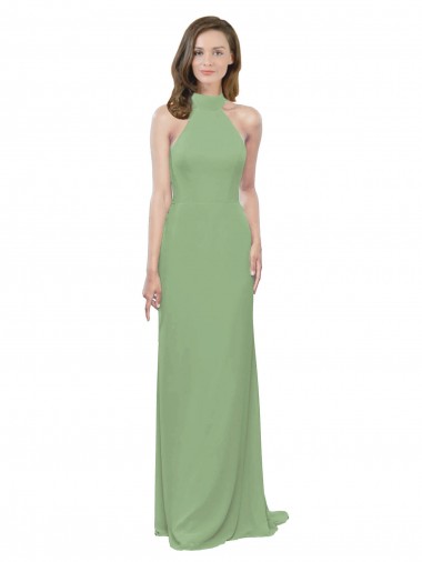 Online High Collar Halter Neck Chiffon Bridesmaid Dress with Long Back Tie UK