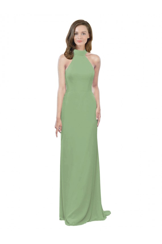 Online High Collar Halter Neck Chiffon Bridesmaid Dress with Long Back Tie UK