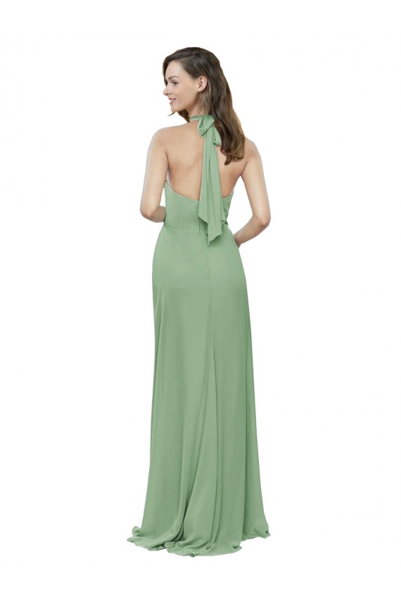 Online High Collar Halter Neck Chiffon Bridesmaid Dress with Long Back Tie UK