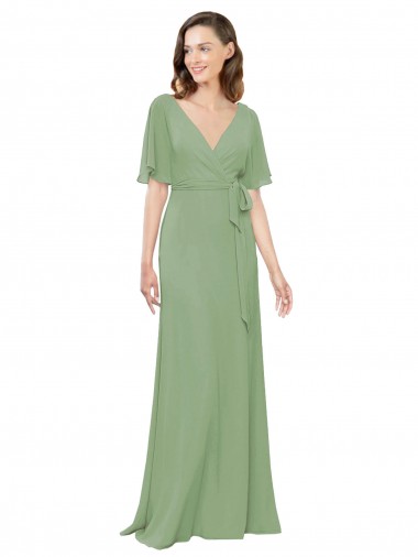 Online Chiffon V-Neckline Wrap Bridesmaids Dress With Double Flutter Sleeve UK
