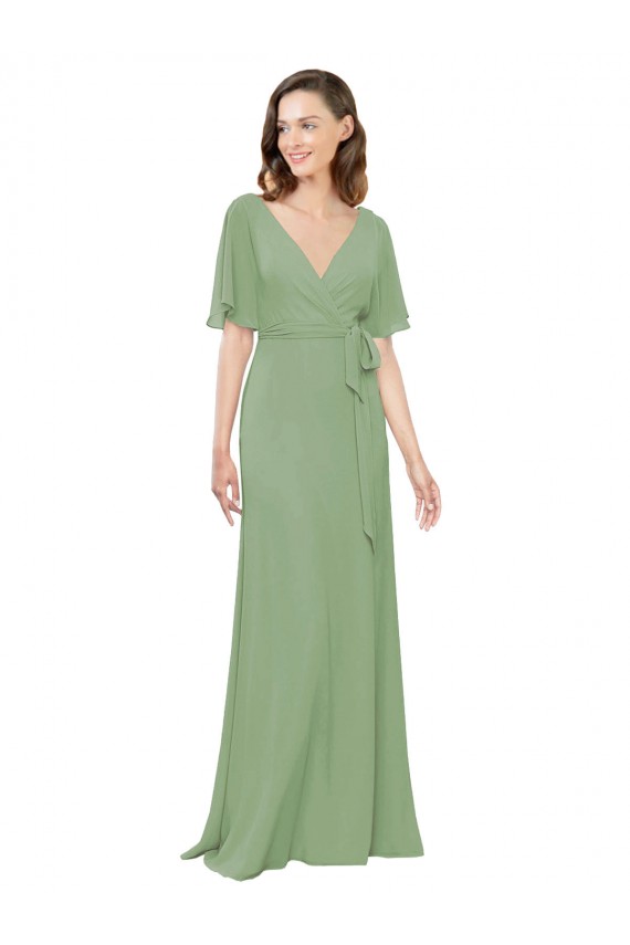 Online Chiffon V-Neckline Wrap Bridesmaids Dress With Double Flutter Sleeve UK
